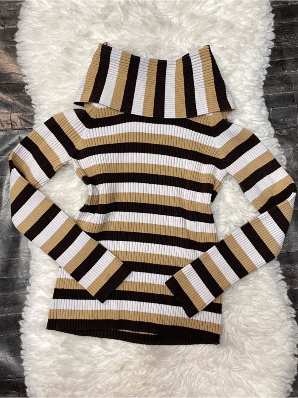 J CREW BROWN TAN STRIPED FOLD OVER TURTLENECK RIBBED SWEATER ALT Y2K FALL CHIC